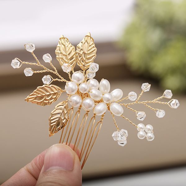 

2piece bridal hair accessories pearl hair comb golden leaves wedding hairpin accessories jewelry lady hair accessories headdressdio chan con, White;golden