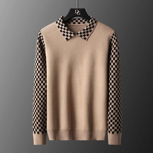 

men's sweaters herren pullover 2021 autumn fake two lattice shirt collar knitted vest sweater trendy gird for men, White;black