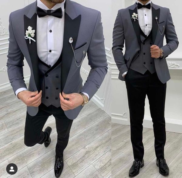 New Grey Costume Slim Fit Uomo Abiti Black Pant Slim Fit Smoking dello sposo per abito da sposa formale Giacca Pant Vest 3 pezzi Blazer X0909