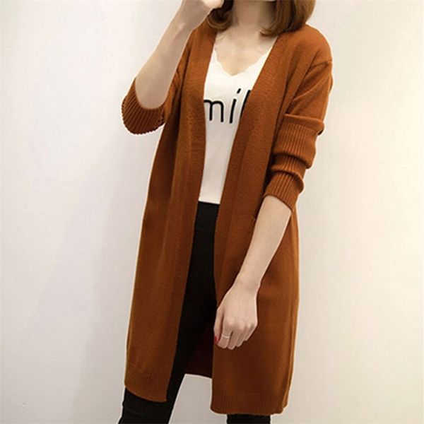 

autumn kintted long cardigan casual solid color warm sweater fashion female coat abrigo mujer 210812, White