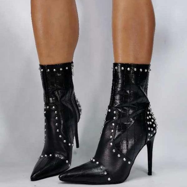 

stone print rivets large size 43 ornament side zip women ankle boots thin high heel shoes pointed toe ladies short booties, Black
