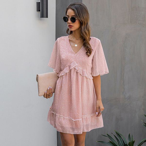 

2021 new ladies summer elegant v neck ruffles dot print women casual butterfly fashion half sleeve dress, Black;gray