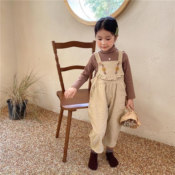 

trousers 0-6y spring autumn born baby girl flower embroidery ruffle romper overalls kids long strap loose pants suspender, Blue
