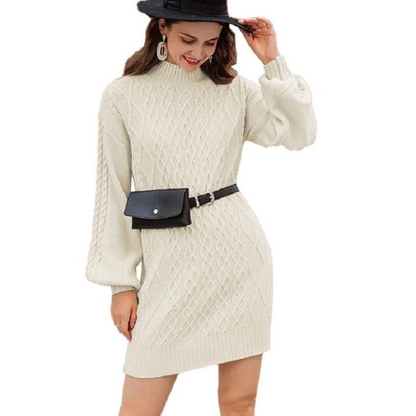 

casual dresses medium length sweater women's 2021 autumn winter pullover half high neck solid color loose lantern sleeve knitted dress, Black;gray