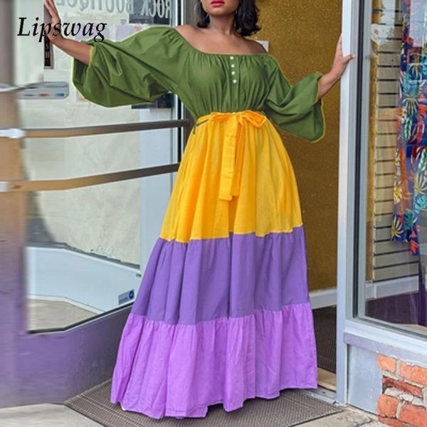 

casual dresses summer colorful print pleated long dress women off shoulder backless slash neck lantern sleeve button vestido, Black;gray