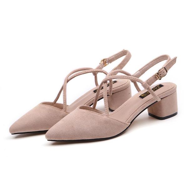 

spring and summer women's baotou mid-heel shoes pointed suede cross-belt thick heel sandals women, Black