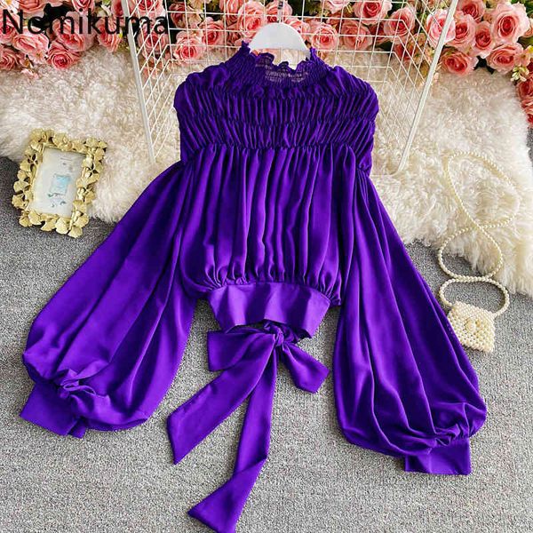 

nomikuma chiffon korean pleated women blouse lantern sleeve stand neck elegant shirt spring bow tie blusas femme 6f242 210427, White