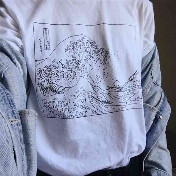 

vintage fashoin hokusai wave outline t-shirt tumblr grunge white graphic tee cute summer 210512