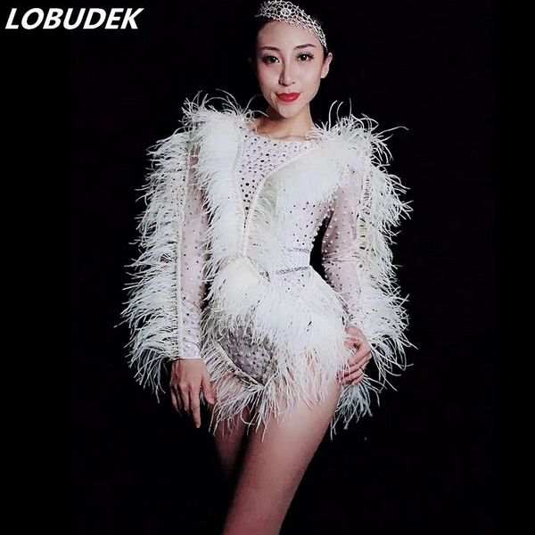 

women nightclub costume white pearls crystals feathers sleeve bodysuit bar party singer dancer luxurious stage wear women's jumpsuits &, Black;white