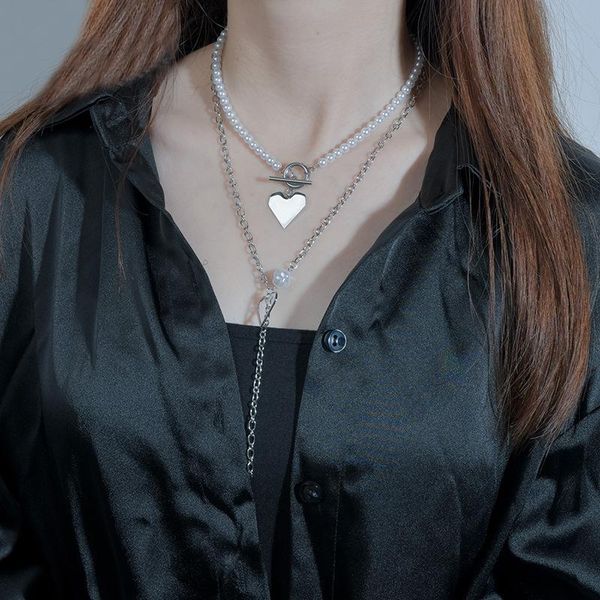 

pendant necklaces pearl beaded necklace female stainless steel chain peach heart jewelry accessories collares kpop, Silver