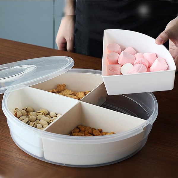 

dishes & plates 2021 fashion circular belt handle large capacity 4pcs dry fruit tray candy box with lid 30.5*14*7.5cm