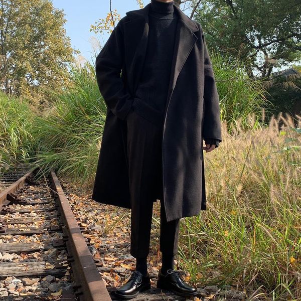 

men's wool & blends minimalist men korean style plaid overcoat long cashmere black trench coat sobretudo masculino fashion couple cloth