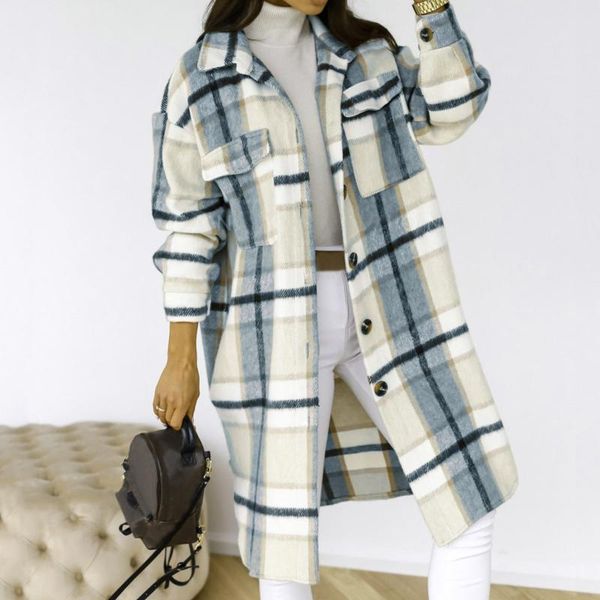 

women's wool & blends winter checked jackets coats women turn down collar faux plaid long coat trench jacket oversized warm overcoat ou, Black