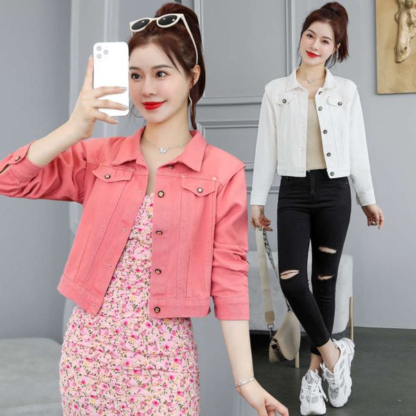 

pink denim jacket short women's long sleeve loose fashion, Black;brown