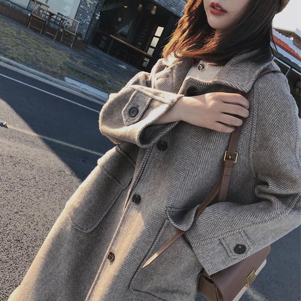 

women's wool & blends 2021 women autumn winter vintage jacket lady pocket solid long sleeve mid-long outerwear female casual loose slim, Black