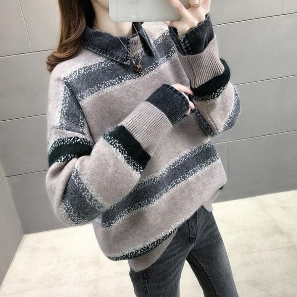 

women's sweaters 2021 women elegant sweater pullovers collar removable vintage knit wear autumn long sleeve loose winter, White;black