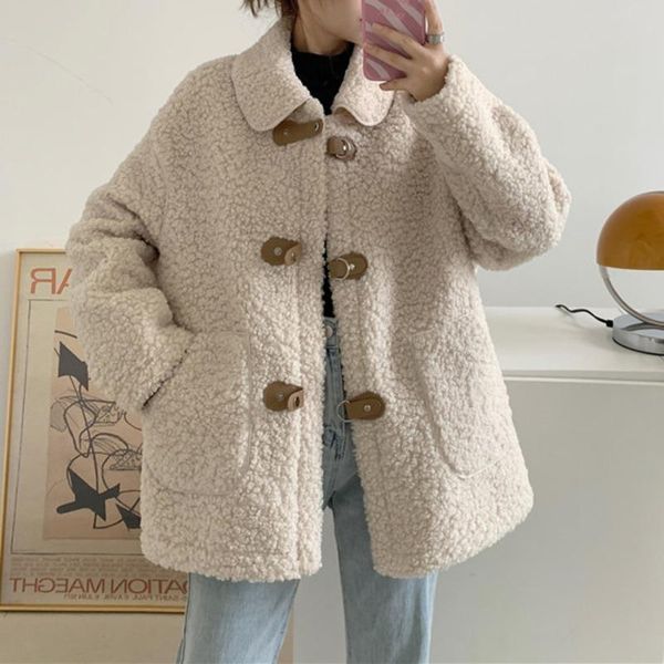 

women's wool & blends coat autumn and winter versatile korean wear 2021 fashion loose imitation lamb thickened long sleeve top, Black