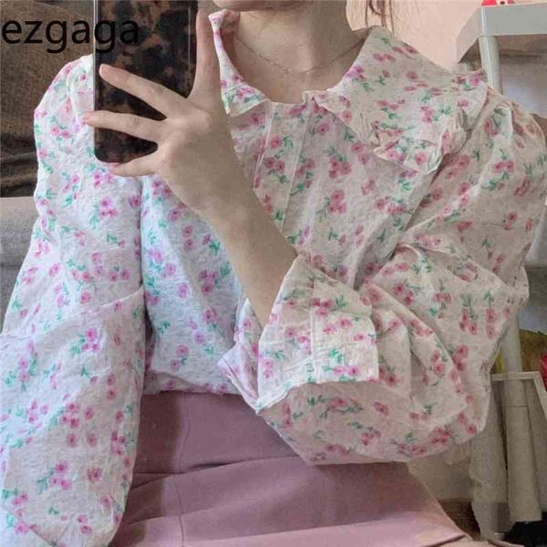 

ezgaga summer new korean sweet floral blouse women lapel long sleeve all-match student shirts elegant loose fashion blusas 210430, White