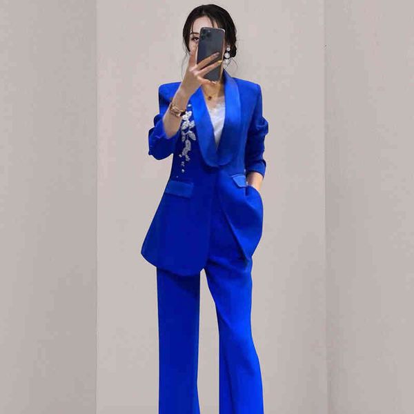 

women's two piece pants elegant white professional pant suits autumn fashion office beaded blazers jackets solid two-piece set female o