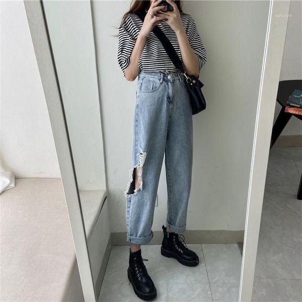 

women's jeans spring ins straight high waist pierced retro daddy pants versatile casual wide leg, Blue