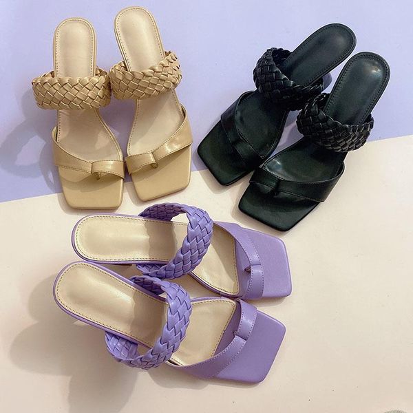 

dress shoes 2021 summer clip toe weave sandals women flip flops glass med-high heels designer woman knitted sandalias big size 40 42, Black