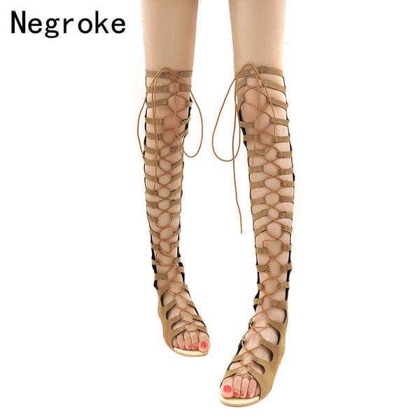 

brand women sandals leather strappy knee high summer gladiator flat sandals lace up strap casual summer boots 35-46 210715, Black