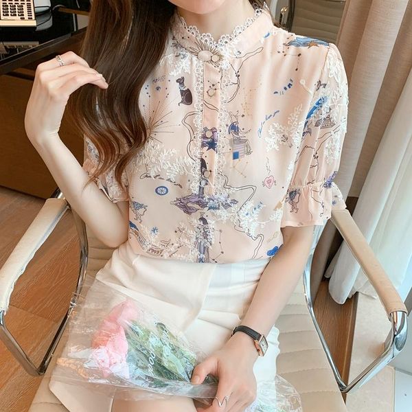

women's blouses & shirts chiffon loose blouse fashion flowers lace collar casual short sleeve blusas summer houthion, White