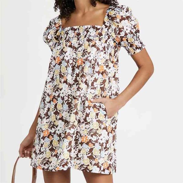 

women print dress summer square neck pleated mini fashion female 210524, Black;gray