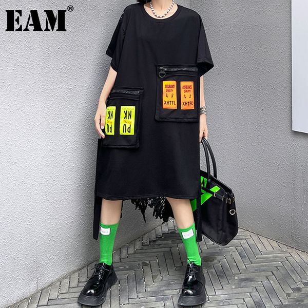 

[eam] women big size back lace hollow out midi dress round neck half sleeve loose fashion spring autumn 1dd7490 210512, Black;gray