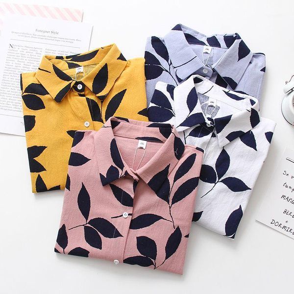 

women's blouses & shirts vintage port wind chic leaf pattern shirt women long sleeve loose korean student wild print, White