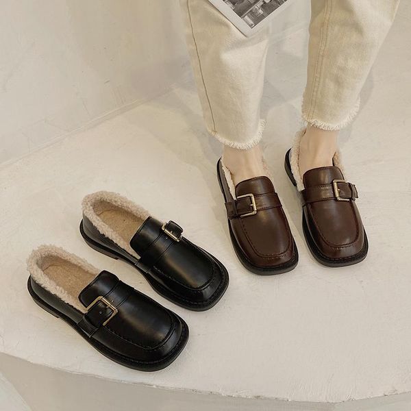 

dress shoes 2021 winter snowy thick-soled and velvet warm cotton fashionable plush pu leather loafers casual peas lightweight, Black