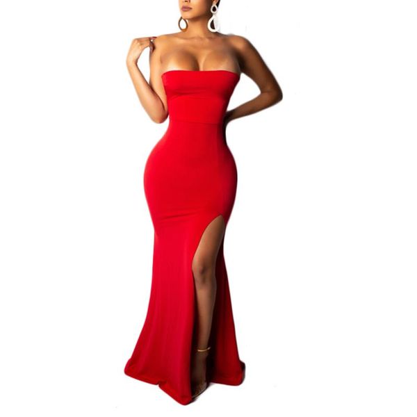 

women's elegant strapless fishtail dress boob tube high slit for banquet and evening party long dresses casual, Black;gray