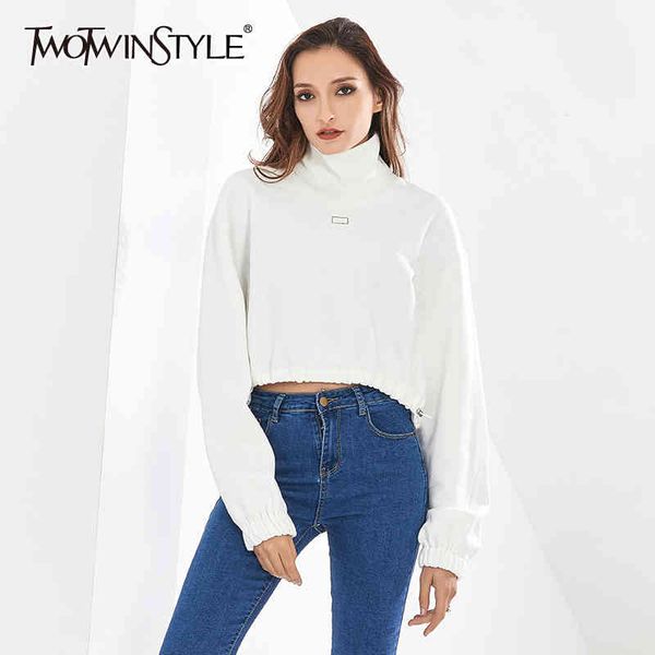 

casual white short for women stand collar long sleeve drawstring solid sweatshirt female autumn fashion 210524, Black