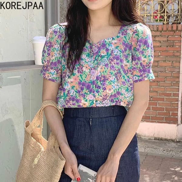 

korejpaa women sets summer korean slimming v-neck single-breasted puff sleeve ink flower shirt high waist wide leg shorts 210526, White