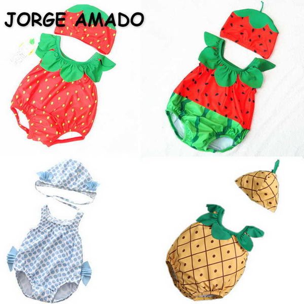 Bebê de verão Bebê Swimwear 2-PCS Conjuntos Dos Desenhos Animados Frutas Morango Abacaxi + Banheira Cap Swimsuit Crianças roupas E5001 210610