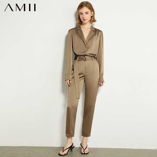

amii minimalism autumn ol style women solid lapel full sleeve shirt high waist loose female pants 12030274 210930, White