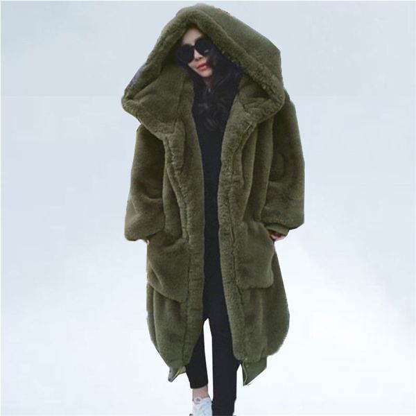 

oversized winter faux fur coat women parka long warm jacket s hoodies loose outwear casaco feminino 211007, Black