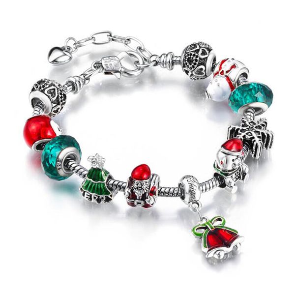 Weihnachten Santa Bell Charm Armbänder Stränge DIY Schmuck Machen Grün Weihnachtsbaum Silber Farbe Legierung Kristall Perlen Armband