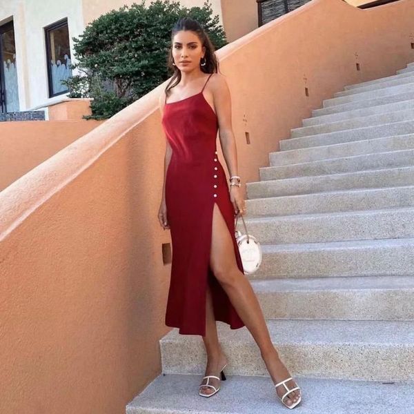 

women midi satin split dress sleeveless thin straps dinner party club woman red dresses casual, Black;gray
