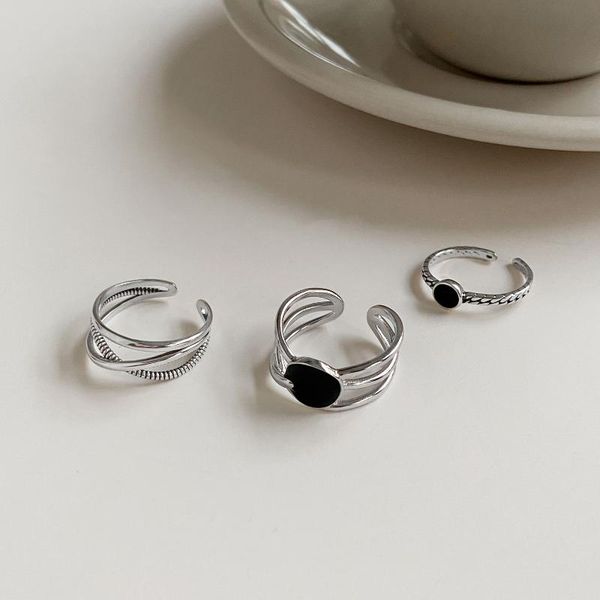

cluster rings black stone ring for women 925 sterling silver stackable layered open size cuff hypoallergenic jewelry, Golden;silver