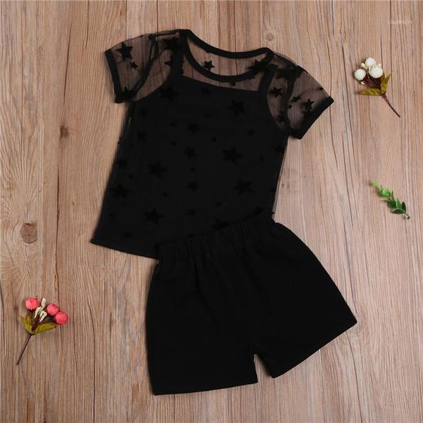 

girl kid child black clothing sets short sleeve star pattern see-through t shirt shorts clothes summer casual sunsuit outfit, White