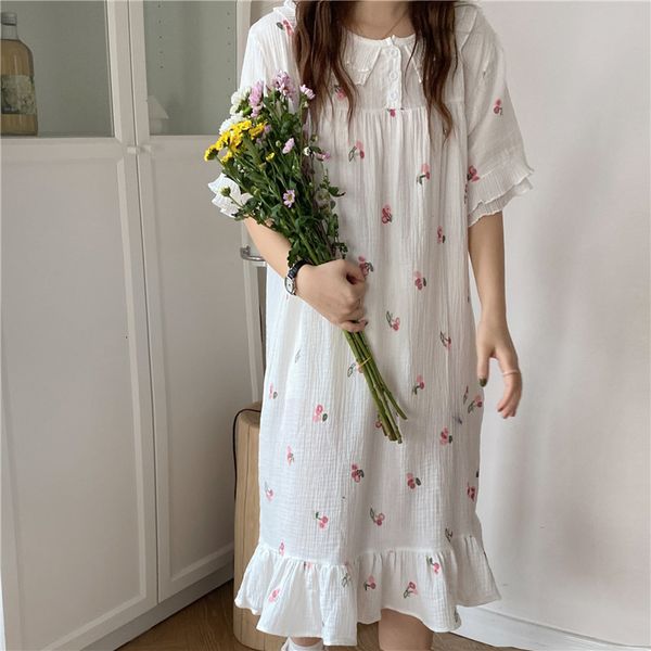 

casual dresses home wear princess chiffon 2021 women chic loose cotton sweet sleepwear girls florals printed pajamas night oncf, Black;gray