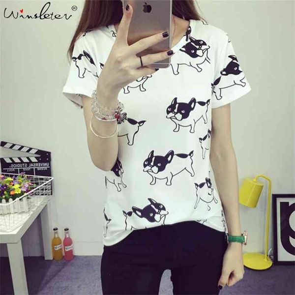 

summer cotton t shirt women dog print cute french bulldog printed short sleeve for tee white pink blue t06201w 210421