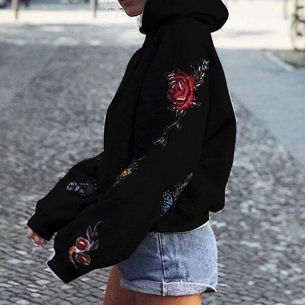

women's hoodies & sweatshirts women autumn hoodie hooded pullover flower butterfly casual loose sweatshirt long sleeve fabala embroide, Black