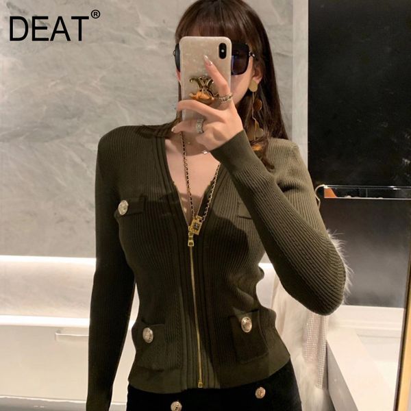 

[deat] v-neck collar long sleeve metal button cardigan solid color knitted shirt for women mall goth y2k spring gx685 210428, White;black