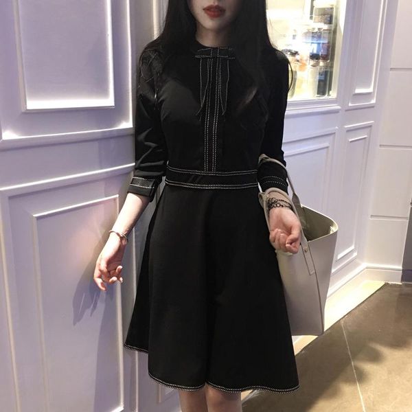 

casual dresses women's dress 2021 autumn retro hepburn style small black high waist slim female, Black;gray