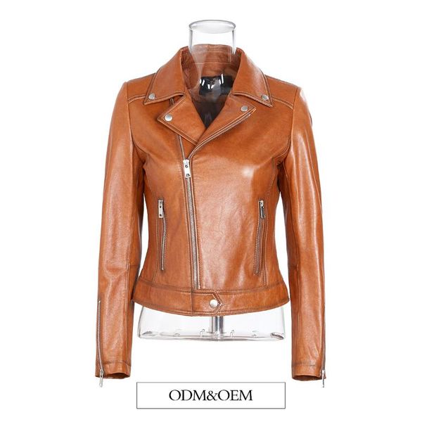 

women's fur & faux 2021 spring and autumn leather wear short slim coat imported sheepskin motorcycle jacket leatherwear, Black