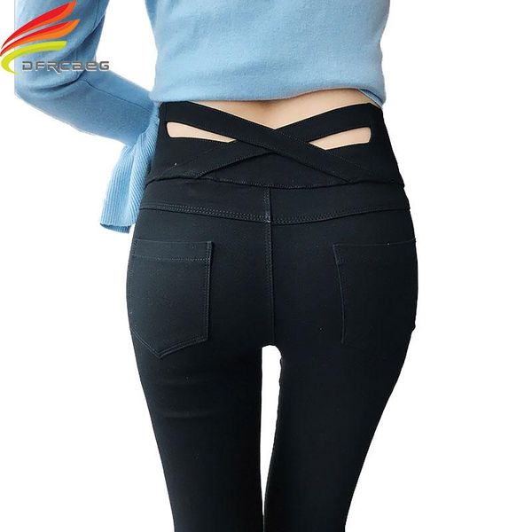 

women's pants & capris high waist women winter 2021 arrivals korean style elastic back cross ladies black pencil slim trousers, Black;white
