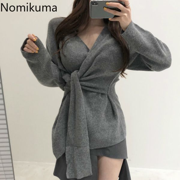 

nomikuma v-neck bandage slim waist pullover knitwear korean chic women sweater autumn new solid elegant pull femme 6c253 210427, White;black