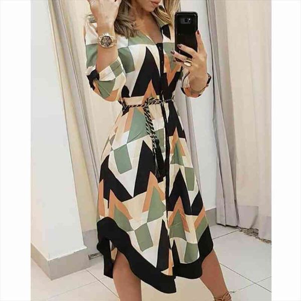 

long geometric pattern v neck womens dresses color matching shirt with belt, Black;gray